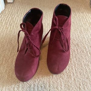 Well loved DV deep red faux suede wedge booties